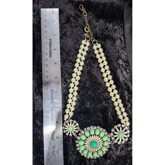 J. Crew Vintage Faux Pearl Teal & Jade Green Rhinestone Statement Necklace - Picture 6 of 7